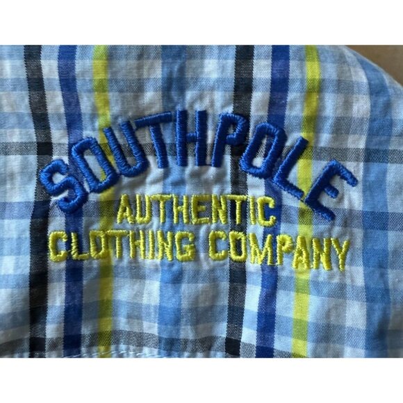 Southpole Mens XL Blue & Yellow Plaid Button-Up Short Sleeve Shirt 100% Cotton - Picture 4 of 8